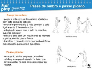 Passe de ombro e passe picado
Passe de ombro:
Passe picado:
• execução similar ao passe de ombro;
• distingue-se pela trajetória da bola, que
deve ressaltar no solo antes de chegar ao
recetor.
• pegar a bola com os dedos bem afastados,
com esta acima da cabeça;
• colocar o pé contrário à mão que tem a bola
ligeiramente à frente do outro;
• rotação do tronco para o lado do membro
superior executor;
• enviar a bola com um movimento do membro
superior, de trás para a frente;
• transferir o peso do corpo do membro inferior
mais recuado para o mais avançado.
Passe de ombro
Passe picado
 