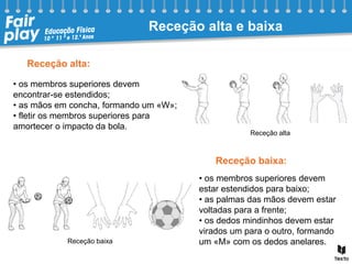 Receção alta e baixa
Receção alta:
Receção baixa:
• os membros superiores devem
encontrar-se estendidos;
• as mãos em concha, formando um «W»;
• fletir os membros superiores para
amortecer o impacto da bola.
• os membros superiores devem
estar estendidos para baixo;
• as palmas das mãos devem estar
voltadas para a frente;
• os dedos mindinhos devem estar
virados um para o outro, formando
um «M» com os dedos anelares.
Receção alta
Receção baixa
 