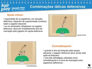 Contrabloqueio:
Ajuda mútua:
• capacidade de os jogadores, em situação
defensiva, disporem de superioridade numérica
sobre o jogador atacante;
• se um adversário ultrapassar um jogador
defensivo, deve ser imediatamente alvo de
marcação pelo jogador em ajuda defensiva.
• quando é alvo de bloqueio pela equipa
atacante, o jogador defensivo deve anular esta
ação de bloqueio;
• uma das estratégias utilizadas como
contrabloqueio é a troca de marcação entre
jogadores defensivos.
Combinações táticas defensivas
Ajuda mútua
Contrabloqueio
 