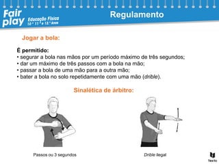 Jogar a bola:
É permitido:
• segurar a bola nas mãos por um período máximo de três segundos;
• dar um máximo de três passos com a bola na mão;
• passar a bola de uma mão para a outra mão;
• bater a bola no solo repetidamente com uma mão (drible).
Drible ilegal
Passos ou 3 segundos
Sinalética de árbitro:
Regulamento
 
