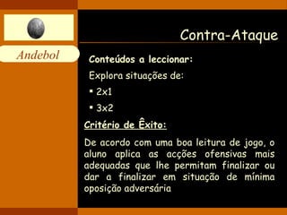 Contra-Ataque Conteúdos a leccionar: Explora situações de: 2x1 3x2 Critério de Êxito: De acordo com uma boa leitura de jogo, o aluno aplica as acções ofensivas mais adequadas que lhe permitam finalizar ou dar a finalizar em situação de mínima oposição adversária 