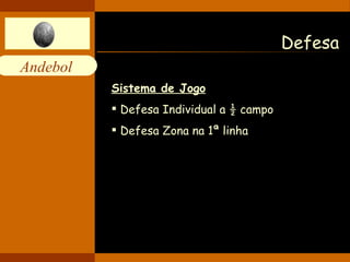 Defesa Sistema de Jogo Defesa Individual a ½ campo Defesa Zona na 1ª linha 