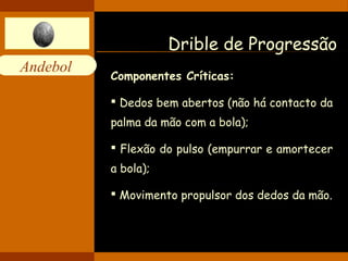 Andebol 
Drible de Progressão 
Componentes Críticas: 
 Dedos bem abertos (não há contacto da 
palma da mão com a bola); 
 Flexão do pulso (empurrar e amortecer 
a bola); 
 Movimento propulsor dos dedos da mão. 
 