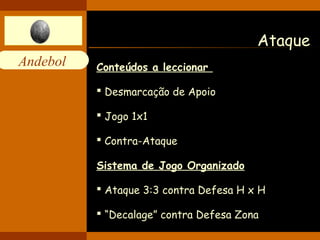 Andebol 
Ataque 
Conteúdos a leccionar 
 Desmarcação de Apoio 
 Jogo 1x1 
 Contra-Ataque 
Sistema de Jogo Organizado 
 Ataque 3:3 contra Defesa H x H 
 “Decalage” contra Defesa Zona 
 