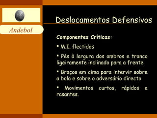 Andebol 
Deslocamentos Defensivos 
Componentes Críticas: 
 M.I. flectidos 
 Pés à largura dos ombros e tronco 
ligeiramente inclinado para a frente 
 Braços em cima para intervir sobre 
a bola e sobre o adversário directo 
 Movimentos curtos, rápidos e 
rasantes. 
 