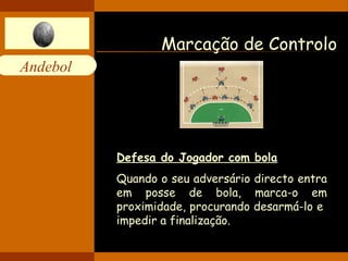 Andebol 
Marcação de Controlo 
Defesa do Jogador com bola 
Quando o seu adversário directo entra 
em posse de bola, marca-o em 
proximidade, procurando desarmá-lo e 
impedir a finalização. 
 