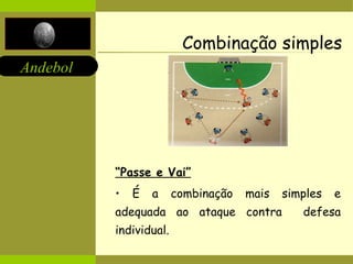 Combinação simples “ Passe e Vai” É a combinação mais simples e adequada ao ataque contra  defesa individual. 