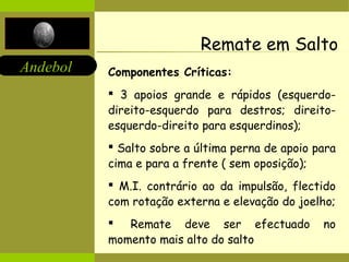 Andebol 
Remate em Salto 
Componentes Críticas: 
 3 apoios grande e rápidos (esquerdo-direito- 
esquerdo para destros; direito-esquerdo- 
direito para esquerdinos); 
 Salto sobre a última perna de apoio para 
cima e para a frente ( sem oposição); 
 M.I. contrário ao da impulsão, flectido 
com rotação externa e elevação do joelho; 
 Remate deve ser efectuado no 
momento mais alto do salto 
 