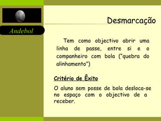 Andebol 
Desmarcação 
Tem como objectivo abrir uma 
linha de passe, entre si e o 
companheiro com bola (“quebra do 
alinhamento”) 
Critério de Êxito 
O aluno sem posse de bola desloca-se 
no espaço com o objectivo de a 
receber. 
 