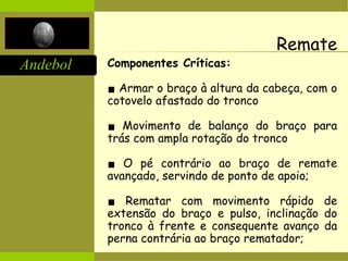 Andebol
Remate
Componentes Críticas:
▪ Armar o braço à altura da cabeça, com o
cotovelo afastado do tronco
▪ Movimento de balanço do braço para
trás com ampla rotação do tronco
▪ O pé contrário ao braço de remate
avançado, servindo de ponto de apoio;
▪ Rematar com movimento rápido de
extensão do braço e pulso, inclinação do
tronco à frente e consequente avanço da
perna contrária ao braço rematador;
 