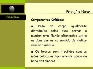 Andebol
Posição Base
Componentes Críticas:
▪ Peso do corpo igualmente
distribuído pelas duas pernas e
manter uma flexão alternativa entre
as duas pernas no sentido de melhor
vencer a inércia
▪ Os braços semi flectidos com as
mãos colocadas ligeiramente acima da
linha dos ombros
 