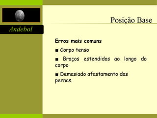 Andebol
Posição Base
Erros mais comuns
▪ Corpo tenso
▪ Braços estendidos ao longo do
corpo
▪ Demasiado afastamento das
pernas.
 