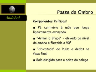 Andebol
Passe de Ombro
Componentes Críticas:
▪ Pé contrário à mão que lança
ligeiramente avançado
▪ “Armar o Braço” – elevado ao nível
do ombro e flectido a 90º
▪ “Chicotada” de Pulso e dedos na
fase final
▪ Bola dirigida para o peito do colega
 