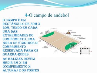 4-O campo de andebol
O campo é um
rectângulo de 30m x
20m, tendo em cada
uma das
extremidades do
comprimento, uma
área de 6 metros de
comprimento
reservada para os
guarda-redes.
As balizas devem
medir 3m x 2m
(comprimento x
altura) e os postes
 