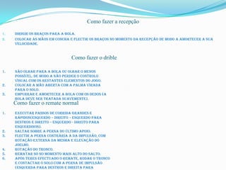 Como fazer a recepção

1.   Dirigir os braços para a bola.
2.   Colocar às mãos em concha e flectir os braços no momento da recepção de modo a amortecer a sua
     velocidade.


                               Como fazer o drible

1.   Não olhar para a bola ou olhar o menos
     possível, de modo a não perder o controlo
     visual com os restantes elementos do jogo.
2.   Colocar a mão aberta com a palma virada
     para o solo.
3.   Empurrar e amortecer a bola com os dedos (a
     bola deve ser tratada suavemente).
     Como fazer o remate normal
1.   Executar passos de corrida grandes e
     rápidos(esquerdo – direito – esquerdo para
     destros e direito – esquerdo - direito para
     esquerdinos).
2.   Saltar sobre a perna do último apoio.
3.   Flectir a perna contrária à da impulsão, com
     rotação externa da mesma e elevação do
     joelho.
4.   Rotação do tronco.
5.   Rematar só no momento mais alto do salto.
6.   Após teres efectuado o remate, rodar o tronco
     e contactar o solo com a perna de impulsão
     (esquerda para destros e direita para
 