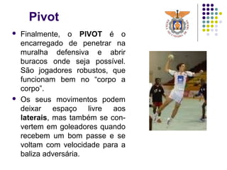 Pivot
 Finalmente, o PIVOT é o
encarregado de penetrar na
muralha defensiva e abrir
buracos onde seja possível.
São jogadores robustos, que
funcionam bem no “corpo a
corpo”.
 Os seus movimentos podem
deixar espaço livre aos
laterais, mas também se con-
vertem em goleadores quando
recebem um bom passe e se
voltam com velocidade para a
baliza adversária.
 