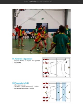 R E VI S TA AN D E BOLI T O | O U TU BRO /NO VEMBRO 2 01 3

19. Transição a 2 passes ii
Estrutura idêntica ao anterior, mas agora em

grupos de 4.

20. Transição 4x(1+2)
Idêntico ao anterior.
U
 m defesa junto ao meio campo, e outros
dois defesas dentro dos 9 metros.

14

 