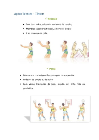 Ações Técnico – Táticas
                              Receção

         Com duas mãos, colocadas em forma de concha;
         Membros superiores fletidos, amortecer a bola;
         Ir ao encontro da bola.




                               Passe

      Com uma ou com duas mãos, em apoio ou suspensão;
      Pode ser de ombro ou de pulso;
      Com várias trajetórias da bola: picado, em linha reta ou
      parabólica.
 