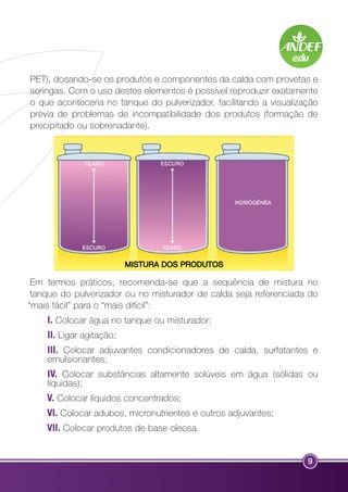 PET), dosando-se os produtos e componentes da calda com provetas e 
seringas. Com o uso destes elementos é possível reproduzir exatamente 
o que aconteceria no tanque do pulverizador, facilitando a visualização 
prévia de problemas de incompatibilidade dos produtos (formação de 
precipitado ou sobrenadante). 
Em termos práticos, recomenda-se que a sequência de mistura no 
tanque do pulverizador ou no misturador de calda seja referenciada do 
“mais fácil” para o “mais difícil”: 
I. Colocar água no tanque ou misturador; 
II. Ligar agitação; 
III. Colocar adjuvantes condicionadores de calda, surfatantes e 
emulsionantes; 
IV. Colocar substâncias altamente solúveis em água (sólidas ou 
líquidas); 
V. Colocar líquidos concentrados; 
VI. Colocar adubos, micronutrientes e outros adjuvantes; 
VII. Colocar produtos de base oleosa. 
9 
MISTURA DOS PRODUTOS 
 