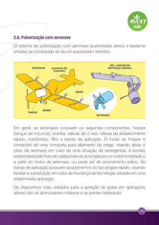 2.6. Pulverização com aeronave 
O sistema de pulverização com aeronave (pulverizador aéreo) é bastante 
simples se comparado ao de um pulverizador terrestre. 
Em geral, as aeronaves possuem os seguintes componentes: hopper 
(tanque de insumos), bomba, válvula de 3 vias, válvula de abastecimento 
rápido, manômetro, filtro e barras de aplicação. O fundo do hopper é 
composto de uma comporta para alijamento da carga, visando aliviar o 
peso da aeronave em caso de uma situação de emergência. A bomba 
responsável pelo fluxo de calda pode ser acionada por um sistema hidráulico, 
a partir do motor da aeronave, ou pode ser de acionamento eólico. As 
barras de aplicação possuem acoplamentos do tipo engate rápido, visando 
facilitar a substituição em caso de mudança da tecnologia utilizada em uma 
determinada aplicação. 
Os dispositivos mais utilizados para a geração de gotas em aplicações 
aéreas são os atomizadores rotativos e as pontas hidráulicas: 
35 
 