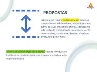 PROPOSTAS
Técnicas da Comunicação não Violenta, visando enfraquecer a
incidência da conduta atípica, mas provocar a reflexão e auto-
responsabilização;
Não se deve reagir emocionalmente frente ao
comportamento disfuncional, tentar ficar o mais
calmo possível enquanto a criança/adolescente
está tentando testar o limite, o comportamento
deve ser claro, consistente, deve ser simples e
direto, tem de ser firme.
 