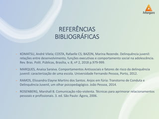 REFERÊNCIAS
BIBLIOGRÁFICAS
• KOMATSU, André Vilela; COSTA, Rafaelle CS; BAZON, Marina Rezende. Delinquência juvenil:
relações entre desenvolvimento, funções executivas e comportamento social na adolescência.
Rev. Bras. Polít. Públicas, Brasília, v. 8, nº 2, 2018 p.979-999.
• MARQUES, Anaísa Saraiva. Comportamentos Antissociais e fatores de risco da delinquência
juvenil: caracterização de uma escola. Universidade Fernando Pessoa, Porto, 2012.
• RAMOS, Elissandra Elayne Martins dos Santos. Anjos em fúria: Transtorno de Conduta e
Delinquência Juvenil, um olhar psicopedagógico. João Pessoa, 2014.
• ROSENBERG, Marshall B. Comunicação não-violenta. Técnicas para aprimorar relacionamentos
pessoais e profissionais. 3. ed. São Paulo: Ágora, 2006.
 