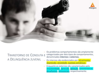 TRANSTORNO DE CONDUTA E
A DELINQUÊNCIA JUVENIL
• Os problemas comportamentais são amplamente
categorizados por dois tipos de comportamentos,
denominados internos e externos.
• Os internos são evidenciados por retraimento,
depressão, ansiedade, queixas somáticas;
• Enquanto os externos são caracterizados pela
impulsividade, agressão, agitação, características
desafiantes, antissociais; respectivamente.
 