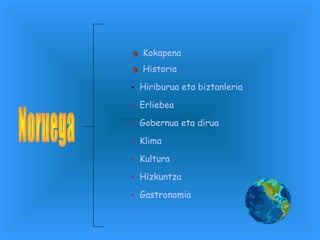 Noruega   Historia Hiriburua   eta biztanleria    Erliebea    Gobernua eta dirua   Klima    Kultura Hizkuntza    Gastronomia   Kokapena 