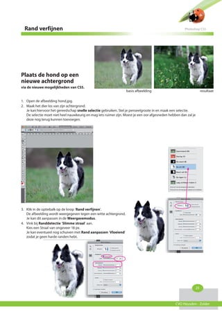 Rand verfijnen                                                                                        Photoshop CS5




Plaats de hond op een
nieuwe achtergrond
via de nieuwe mogelijkheden van CS5.
                                                                  basis afbeelding                                     resultaat

1. Open de afbeelding hond.jpg.
2. Maak het dier los van zijn achtergrond.
   Je kan hiervoor het gereedschap snelle selectie gebruiken. Stel je penseelgroote in en maak een selectie.
   De selectie moet niet heel nauwkeurig en mag iets ruimer zijn. Moest je een oor afgesneden hebben dan zal je
   deze nog terug kunnen toevoegen.




3. Klik in de optiebalk op de knop ‘Rand verfijnen’.
   De afbeelding wordt weergegeven tegen een witte achtergrond.
   Je kan dit aanpassen in de Weergavemodus.
4. Vink bij Randdetectie ‘Slimme straal’ aan.
   Kies een Straal van ongeveer 18 px.
   Je kan eventueel nog schuiven met Rand aanpassen ‘Vloeiend‘
   zodat je geen harde randen hebt.




                                                                                                                  25



                                                                                                  CVO Heusden - Zolder
 