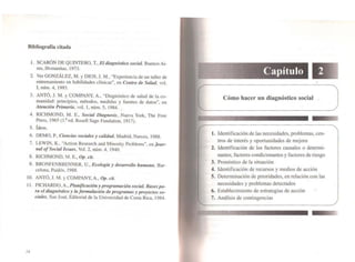Bibliografía citada
l . SCARÓN DE QUINTERO. T.. El diagnóstico social, Buenos Ai-
res. Hvmanitas. 1973.
2. Ver GONZÁLEZ. M. y DIOS, J. M., "Experiencia de un taller de
entrenamiento en habilidades clínicas" , en Centro de Salud, vol.
1. núm. 4. 1993.
3. ANTÓ, J. M. Y COMPANY. A., "Diagnóstico de salud de la co-
munidad: principios, métodos, medidas y fuentes de datos", en
Atención Primaria, vol. 1, núm. 5,1984. .
4. RlCHMOND, M. E., Social Diagnosis. .Nueva York, The Free
Press, 1965 (I.a
ed. Rusell Sage Fundalion, 1917).
5. fdem.
6. DEMO, P., Ciencias sociales y calidad. Madrid, Narcea, 1988.
7. LEWIN, K., "Aclion Research and MinorilYProblems", en Jour-
nal of Sociallssues, Vol. 2. núm. 4, 1940.
8. RICHMOND, M. E., Op. cit.
9. BRONFENBRENNER. U., Ecología y desarrollo humano, Bar-
celona, Paid6s. 1988.
10. ANTÓ. J. M. Y COMPANY. A.. Op. cit.
11 . PICHARDO, A.. Plallificación y programaciólI social. Bases pa-
ra el diagnóstico y la formulación de programas y proyectos so-
ciales, San José, Editorial de la Universidad de Costa Rica, 1984.
14
•
Cómo hacer un diagnóstico social .
t. Identificación de las necesidades, problemas. cen-
tros de interés y oportunidades de mejora
2. Identificación de los factores causales o detenni-
nantes, factores condicionantes y factores de riesgo
3. Pronóstico de la situación
4. Identificación de recursos y medios de acción
5. Determinación de prioridades, en relación con las
necesidades y problemas detectados
6. Establecimiento de estrategias de acción
7. Análisis de contingencias
 