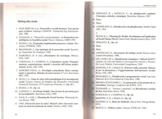Bibliografía citada
l . MAX NEEF, M. el al.. Desa"ollo a escala humana. Una opción
para el futuro , Santiago. CEPAUR - Fundación Dag Hammarsk-
jald, 1986.
2. ELlZALDE. A., "Desarrollo a escala humana", en Perspectivas me-
todológicas en lo politica sociIJl, Tomo l. Valencia, UIMP, 1992.
3. RUEDA, J. M., Programar, implementarproyectos, evaluar, Bar-
celona, lNTRESS, 1993.
4. BRADSHAW, J., Una tipologia de la ntfcessitat social, Barcelo-
na. Generalilat de Catalunya, 1985.
5. FAIRCHILD, H. P. (ed.), Diccionario de sociología, México,
FCE, 1949.
6. CORAGLlA, S. y GARENA. G., L'operatore sociale. Program-
maziotle, orgatlizzazione, metodi e tecniche dell'aziotle profes-
siOtlale, Roma, NIS, 1992.
7. SÁNCHEZ VIDAL. A., Psicología comunitaria. Bases concep-
tuales y operativas. Métodos de intervención (2.8
ed.), Barcelona.
PPU, 1991.
8. SILVA. J. A.o Notas de clase sobre metodología de la investigación
social. Caracas, Centros de Estudios del Desarrollo, Universidad
Central de Venezuela, 1974 (citado por Picharoo. A .• Op. cit.).
9. RUEDA, J. M., Op, cit,
10. LANDETA. J.. El método Delphi. Una técnica de previsión para
la incertidumbre. Barcelona. Ariel. 1999.
11. FALK, N. YLEE. J.• Planning the Social Services, Weslmead, Sa-
xon House. 1980.
12. OMS, Educación para la salud. Manual sobre educación sani·
taria en alendón primaria de salud, Ginebra. OMS. 1989.
Dia'1IÓst!co social
13. PlNEAULT, R. y DAVELUY. C.• La planificación sanitaria.
Conceptos, métodos, estrategias, Barcelona, Masson, 1987.
14. Idom.
15. Idom.
16. ANDER-EGG, E., Introducción a la planificación, Madrid, Siglo
XXI, 1991.
Y
•
BLUM, H. L., Planningfor Heaúh: Developmenl and Application
ofSociIJl Charge Theory, Nueva York, Human Sciences Press. 1974.
17. PINEAULT, R.. Op. cit.
18. Idom.
19. Idom.
ANDER-EGG, E.• Diccionario del trabajo social, Buenos Aires.
Lumen·Hvmanitas. 1996.
GIL ZAFRA, M.A., Planificación estratégica: "Método DAFO",
Apuntes de clase del Master en Investigación. Gestión y Desarro-
llo Local, Madrid, Universidad Complutense. 1999.
MARTINl, E. R. YSEQUl. R.. 1llavoro nella comunit6. Manua-
le per la fonnazione e l'aggiornamento dell'operalore sociale,
Roma. NIS. 1993.
PICHARDO, A., Planificación y programación social, San José,
Editorial de la Universidad de Costa Rica, 1986.
,
MEDINA ECHAVARRIA, J., Laplaneación en lasfor,!lOs de ra-
cionalidad, Santiago, Cuadernos del ILPES, 1972.
TOURAINE. A.• ''Actores y analistas". en Movimientos sociIJles
de hoy, Barcelona, Hacer, 1990.
CORAGLIA, S. y GARENA, G.. Op, ,i,.
MARTINI, E. R. YSEQUI, R., Op. <it,
ALINSKY. D. S.. Rulesfor Radicals. Nueva York, Vinlage Books.
1971.
MATUS. C., Política y plan, Caracas. IVEPLAN. 1982.
95
 
