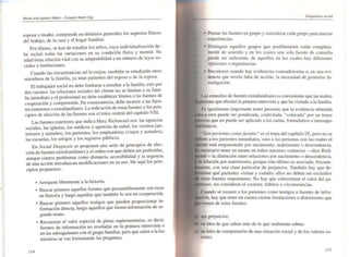 I
I
Maria JOJi Aguilllr Iddñtt - &tq~jtl Andu-EglI
esposa y madre, comprende en términos generales los aspectos físicos
del trabajo, de la casa y el hogar familiar.
Por último, se han de estudiar los niños, cuya individualización de·
be incluir todas las variaciones en su condición física y mental. Su
edad tiene relación vital con su adaptabilidad a un número de leyes so--
ciales e instituciones.
Cuando las circunstancias así lo exijan, también se estudiarán otros
miembros de la familia. ya sean parientes del esposo o de la esposa.
El trabajador social no debe limitarse a estudiar a la famili a: esto por
dos razones: las relaciones sociales del cliente no se limitan a su fami-
lia inmediata y el profesional no debe establecer límites a las fuentes de
cooperación y comprensión. En consecuencia. debe recurrir a las fu~n­
tes exteriores o extrafamiliares. La indicación de estas fuentes y los pn n-
cipíos de elección de las fuentes son el tema central del capítulo VIII .
Las fuentes exteriores que indica Mary Ri~hmond son: las agencias
sociales. las iglesias. los médicos y agencias de salud. los vecinos (an-
teriores y actuales). los parientes. los empleadores (viejos y actuales),
las escuelas, los amigos y los registros públicos.
En Social Diagnosis se proponen una serie de principios de elec-
ción de fuentes extrafamiliares y el orden con que deben ser preferidas.
aunque ciertos problemas como distancia, accesibilidad y la urgen~ia
de una acción introduzcan modificaciones en su uso. He aquí los pnn-
cipios propuestos:
//4
• Arrojarse libremente a la historia.
• Buscar primero aquellas fuentes que presumiblemente son ricas
en historia y luego aquellas que también lo son en cooperación.
• Buscar primero aquellos testigos que pueden proporcionar in-
formación directa, luego aquellos que tienen infonnación de se-
gunda mano.
• Reconocer el valor especial de pistas suplementarias, es decir,
fuentes de información no reveladas en la primera entrevista o
en las subsiguientes con el grupo familiar, pero que salen a la luz
mientras se van fonnulando las preguntas.
Diagruh tico Jocial
• Pensar las fuentes en grupo y considerar cada grupo para nuevas
experiencias.
• Distinguir aquellos grupo~ que posiblemente están completa-
mente de acuerdo y en los cuales una sola fuente de consulta
puede ser suficiente, de aquellos en los cuales hay diferentes
opiniones o experiencias.
• Reconocer cuando hay evidencias cOnlradictorias o, en una evi-
dencia que revela falta de acción, la necesidad de posterior in~
vestigación. .
Las consultas de fuentes extrafamiliares es conveniente que las realice
que efectuó la primera entrevista y que ha visitado a la familia.
Es igualmente importante tener presente que la evidencia obtenida
a cara puede ser ponderada, controlada. "colocada" por un tenue
no puede ser aplicado a las cartas, fom1Ularios o mensajes
"Los parientes comof uenres" es el tema del capítulo IX, pero no se
ere a los parientes inmediatos, sino a las personas con las cuales el
está emparentado por nacimiento. matrimonio o descendencia.
necesario tener en mente en todos nuestros contactos --dice Rich-
la distinción entre relaciones por nacimiento o descendencia,
relación por matrimonio. porque este último es asociado, frecuen-
con una clase pan icular de prejuicios. También hay que de-
i qué parientes visitan y cuándo: ellos no deben ser excluidos
otras fuentes imponantes. No hay que sobrestimar el valor del pa-
sin considerar el carácter. hábitos o circunstancias.
Cuando se recurre a los parientes como testigos o fuentes de infor-
· hay que tener en cuenta ciertas limitaciones o distorsiones que
de estas fuentes:
sus prejuicios;
su idea de que saben más de lo que realmente saben;
su falla de comprensión de una situación social y de los valores so-
ciales.
//5
 