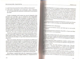 Moria Josl Ag..ihlr 1d4hz - Ezequiel Ánder-Egg
e) ¿Qué forma de presentación evitaría problemas innecesarios?
f) ¿Qué hechos relacionados con la educación, cargo o funciones,
etc., del responsable del cuestionario modificarían el acercamiento
por carta?
Cuando el trabajador social contesta una carta de indagación, debe
demostrar que la ha leído y que su contenido ha sido comprendido.
Cuando es imposible cubrir todas las preguntas, la respuesta debería in·
cluir los puntos no cubiertos y las causas de la omisión. Una carta res·
puesta a una indagación no debe confundir las inferencias de quién la es·
cribe con la información en que se basa. La carta debe contener las dos,
pero debe distinguirlas. Un telegrama siempre debe ser seguido de una
carta el mismo día. La carta debe contener un'l copia del telegrama. El
teléfono como medio de comunicación en el trabajo de casos es dema-
siado conveniente para ser abandonado, pero sus inconvenientes no son
entendidos y la gente no se cuida de ellos; hay muy buenas razones por
[as cuales la gente no es tan sincera en la conversación telefónica como
cuando está "cara a cara", ni tampoco entiende muy bien lo que se dice.
Después de recogido el material o elementos testimoniales. encues-
tas, etc., es necesario comparar los datos y luego interpretarlos. El ca-
pítulo XVIII se refiere a este tema: "Comparación e interpreración";
esta culminación del trabajo es lo que Mary Richmond denominaba el
diagnóstico.
Hasta este momento del proceso de investigación, ha habido poca
relación entre el material recogido y su interpretación. El comparar la
¡nfonnación es un proceso crítico e incluye la revisión de cada punto
con todos Jos otros que están en mente y a veces con los otros puntos
excluidos deliberadamente. No hay que enfatizar los hechos que han
sido establecidos con dificultad, ni tampoco las primeras y últimas de-
claraciones e hipótesis. Se debe volver a probar cuidadosamente las in-
ferencias que han reforzado la cOl;lducta de la indagación hasta ese mo-
mento. A este efecto. Mary Richmond propone un cuestionario. que
ofrece sugestiones detalladas para la comparación de infonnación.
Sin embargo, se pueden hacer todas las comparaciones de manera
cuidadosa. sin que se llegue a ningún resultado. La "maquinaria de tra-
122
DiagllÓSI.co wc:iaJ
, del diagnóstico no .asegu~ resultados donde faltan fundamentos
Un buen diagnÓStico social está completo y terminado
se ha'pu~slo.énf~is.en los rasgos que indican el tratamiento so~
por ~egulr. I diagnostico resumido en una palabra o en u
una Simple clasificación y es de escaso valor' pero d" naófr?se
I d ' un lagn StlCO
"1." pue e c~recer de valor si le están faltando los factores prin.
,.. qu~ están mtluyendo en el caso. El diagnóstico social no sólo
defiOlr clammente las dificultades, sino también dese b "
elerne t i ' . u nr aque·
I
n os ~n a slluaclón que pueden llegar a ser obstáculos o ayu-
en e tratamlemo.
La :an~ra de,hacer el sumario del diagnóstico puede tener diversas
gun la mdole del trabajo, pero generalmente debe incluir:
una definición de las dificuhades'
•
una lisia de los factores causales que l'
cultades; , lenen que ver con las difi~
una enumer.ación de los elememos disponibles y riesgos que debe
ser reconOCIdos Con el tratamiento. n
En cuanto al tjem~ denlro del cual hay que tenninar el dia nósti~
debe COntr~l~se eVItando dos lendencias igualmeme perjudi~iales'
. r. pido cuando no se trata de una emergencia y tratar to~
mmuclosamente.
. dja~nóslico puede considerarse complelo y definitivamen.
I sIempre hay posibilidades de mejorarlo o de poner d
nuevos aspectos. e re~
capítulo XIX cuyo t-t I pod-, I U o namos traducir como" c"¡ .ff
"r'/ .1': rlosoJ.a
o rl osoJta subyacente" es quizás el m' "
la ca '6 di ' as Importante
I~~rensl. n e pensamiemo de la autora. pues de algún 010.
exp ICllan CIertos supuestos en que apoya su pe "
nsamlenlo.
pe~ar d~ que ya en otros capítulos se hizo mención a la jmerde.
eXIstente emre la mejorfa del individuo y la mejoría de la
l
en¡:éste la au~ora procura reforzar la posición tomada acerca de
a relonna SOCIal y el traba' d ' .
~o e caso SOCial tienen necesidad de
/23
 