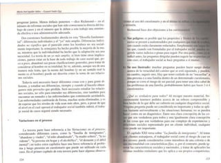 •
MoriD JoJi AguiJar IMllu - fuquitl AIIM,..fgg
progresar juntos. Menos énfasis ponemos -dice Richmond- en el
número de refonnas sociales que han sido consecuencia directa del tra-
bajo de casos y en el número que le deben a este trabajo una enmien-
da efectiva o una administración adecuada.
Dos cuestiones fundamentales aborda en esta "filosofía fundamen-
tal": diferencias individuales y el "yo" más amplio. Diferencias indivi-
duales no significo que el parecido entre los hombres no sea social-
mente importante: la semejanza ha hecho posible la mejoría de la ma-
sa, mientras que la individualidad ha hecho que la adaptación sea una
necesidad. La teoría de un )'0 más amplio. si bien liene otras implica-
ciones, parece estar en la base de todo trabajo de caso social que, po-
co a poco. abandonó sus pocas clasificaciones generales. para tratar de
considerar al hombre en su totalidad. Se ve, además. aunque sea de una
manera más lenta, que la mente del hombr¡;! (yen un sentido real la
mente es el hombre) puede ser descrita co~o la suma de sus relacio-
nes sociales.
Todavía será necesario hacer diferentes cosas con y para gente di-
ferente, y estudiar sus diferencias. siempre y cuando al hacerlo obten-
gamos más provecho que pérdida. Será necesario estudiar las relacio-
nes sociales. no sólo para entender sus diferencias. sino también para
encontrar un remedio a las enfermedades que continuarán azotándola.
Las enfermedades cambiarán de forma, muchas serán eliminadas, y es
de esperar que los niveles de vida sean más altos, pero. a pesar de que
el nivel en el cual operará el trabajador social también subirá. el traba-
jo social de casos seguirá siendo necesario.
Variaciones en el proceso
La tercera parte hace referencia a las Variaciones en e/ proceso,
considerando diferentes casos. como la "fami lia de inmigrantes",
"abandono y viudez". "el niño abandonado", "'a madre soltera", "Ia no
vidente", "la persona sin hogar y el alcohólico", "el demente y el débil
mental"; en todos estos capítulos hace una breve referencia al proble-
ma y luego presenta un cuestionario que puede ser utilizado en cada
caso. En el primer capítulo de esta tercera parte hace algunas observa-
124
'"el al uso del cuestionario y en el úhuno !le
revisión.
Richmond hace dos objeciones a los
Sus peligros: es posible que los propósitos y
narios se presten a malentendidos I
aun cuando están claramente redactados.
tas que, cuando son fonnuladas por el sO(:Íttl.
gerirle varios indicios o pistas para seguir. Por otra
indicó antes, las preguntas dirigidas pueden sugerir las
este caso, el trabajador social se hace preguntas a sí mismo.
Su uso iJustrado: muchas preguntas pueden hacer surgir duda.
acerca de la veracidad del camino que se está siguiendo, y pueden,
en cambio, sugerir otro. Hay que tener cuidado de no "encasillar" a
una persona o a una familia dentro de un detenninado cuestionario.
porque se corre el riesgo de ser parcial; para tener una idea cabal de
los problemas de una familia, probablemente habrá que hacer 3 ó 4
cuestionarios.
¿Qué es verdadero para todos? Al recoger nuestro material, fre-
tenemos pedidos acerca de un esbozo comprensible y
hecho de lo que debe ser cubierto en cualquier diagnóstico social.
una pregunta puede ser considerada no importante y todas se apli-
bastante universalmente a las situaciones humanas; no se pueden
cortes en un diagnóstico. Entre una clara conce¡x:ión de las co-o
que son verdaderas para todos y una igualmente clara concepción
las cosas que son verdaderas para ese complejo de experiencias y
sociales representado por un cliente individual, cualquier
puede ser importante.
El capítulo XXI versa sobre "Lafami/ia de inmigrantes". Al tralar
clientes extranjeros, el trabajador social corre el riesgo de caer en
errores: puede considerarlos como miembros de una colonia o de
nacionalidad con característicasfijas. o, por el contrario, puede ig-
las características sociales y nacionales, y tratar de aplicarles las
mi~mas medidas estándares que les aplica a sus propios compatriotas;
125
•
 