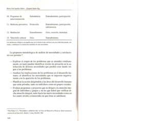 Maria Josi Agulror fddlltl - Eztquitl A.ndu-Egg
lO. Programas de
autoconstrucción
Subsistencia
11. Medicina preventiva Protección
12. Meditación Entendimiento
13. Televisión cultural Ocio
Entendimiento. participación.
Entendimiento, participación,
subsistencia.
Ocio. creación, identidad.
Entendimiento.
Loo uuisfacloru ..nb¡ioos son aquellot; qll". por la fonno. en que s.ati.fa.a:n una ~~idad !k1tnninada. eAl·
mulaD y conuibuytn a la saulfacciÓflslmulláMI dt OIfU necesidadts.
La propuesta metodológica de análisis de necesidades y satisfacto-
res nos pennite:*
- Explicar el origen de los problemas que se atienden cotidiana-
mente, en tanto pueden identificar niveles de privación en la sa-
tisfacción de diversas necesidades que pueden estar dando ori-
gen a los problemas.
- Analizar las implicaciones de los problemas en el desarrollo hu-
mano, al identificar las necesidades que se im pactan negativa-
mente con la aparición de los problemas.
- Planificar la acción dirigiéndola a las áreas del desarrollo humano
que están privadas, tanto en individuos como en grupos sociales.
- Evaluar programas y proyectos que se dirigen a la atención inte-
gral de individuos y grupos y en los que habrá que verificar di-
cha atención ¡nlegral, tanto hacia las nueve necesidades como en
los cuatro niveles existenciales en que éstas se satisfacen.
• Ruiz RojM. A. 1.. "Necesld....... y calldad de ~ida-. efI C/lrw <k &lMCQCw.. .. DiJlaN:Ul: SaJtuI C<NrI."i,,,ri,,
Ypromocilffl d#:/ d#:umo/Io. M6d/l lo /. u..... CElATS. 1991.
140
 