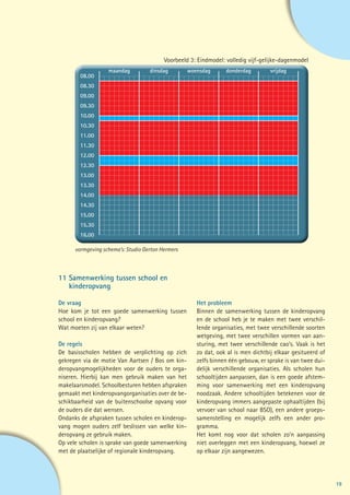 Voorbeeld 3: Eindmodel: volledig vijf-gelijke-dagenmodel
                   maandag          dinsdag        woensdag       donderdag        vrijdag
        08.00
        08.30
        09.00
        09.30
        10.00
        10.30
        11.00
        11.30
        12.00
        12.30
        13.00
        13.30
        14.00
        14.30
        15.00
        15.30
        16.00

      vormgeving schema’s: Studio Gerton Hermers



11	Samenwerking tussen school en
	kinderopvang

De vraag                                              Het probleem
Hoe kom je tot een goede samenwerking tussen          Binnen de samenwerking tussen de kinderopvang
school en kinderopvang?                               en de school heb je te maken met twee verschil-
Wat moeten zij van elkaar weten?                      lende organisaties, met twee verschillende soorten
                                                      wetgeving, met twee verschillen vormen van aan-
De regels                                             sturing, met twee verschillende cao’s. Vaak is het
De basisscholen hebben de verplichting op zich        zo dat, ook al is men dichtbij elkaar gesitueerd of
gekregen via de motie Van Aartsen / Bos om kin-       zelfs binnen één gebouw, er sprake is van twee dui-
deropvangmogelijkheden voor de ouders te orga-        delijk verschillende organisaties. Als scholen hun
niseren. Hierbij kan men gebruik maken van het        schooltijden aanpassen, dan is een goede afstem-
makelaarsmodel. Schoolbesturen hebben afspraken       ming voor samenwerking met een kinderopvang
gemaakt met kinderopvangorganisaties over de be-      noodzaak. Andere schooltijden betekenen voor de
schikbaarheid van de buitenschoolse opvang voor       kinderopvang immers aangepaste ophaaltijden (bij
de ouders die dat wensen.                             vervoer van school naar BSO), een andere groeps-
Ondanks de afspraken tussen scholen en kinderop-      samenstelling en mogelijk zelfs een ander pro-
vang mogen ouders zelf beslissen van welke kin-       gramma.
deropvang ze gebruik maken.                           Het komt nog voor dat scholen zo’n aanpassing
Op vele scholen is sprake van goede samenwerking      niet overleggen met een kinderopvang, hoewel ze
met de plaatselijke of regionale kinderopvang.        op elkaar zijn aangewezen.




                                                                                                            19
 