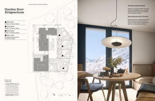 ➌
➊
➋
➍
0 1 m 5 m
N
Garden floor
Erdgeschoss
➊ EG-1, 31.2m2
Studio | 1.5 Zimmer Studio
➋ EG-2, 36.3m2
Studio | 1.5 Zimmer Studio
➌ EG-3, 32.5m2
Studio | 1.5 Zimmer Studio
➍ EG-4, 71.8m2
One bedroom apartment |
2.5 Zimmer Studio
Garden apartments
Garden units feature KOYA’s character-
istically big, beautiful picture windows,
allowing in all the light and tranquillity
from the garden outside.
Apartments mit Garten
Diese Apartments verfügen über die für
KOYA charakteristischen Panorama-
fenster, die das Licht hereinlassen und
die Sicht auf den Garten erlauben.
Garden Floor
Erdgeschoss
ADVENTURE ON YOUR DOORSTEP
 