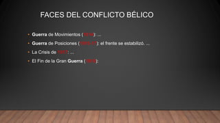 FACES DEL CONFLICTO BÉLICO
• Guerra de Movimientos (1914): ...
• Guerra de Posiciones (1915-17): el frente se estabilizó. ...
• La Crisis de 1917: ...
• El Fin de la Gran Guerra (1918):
 