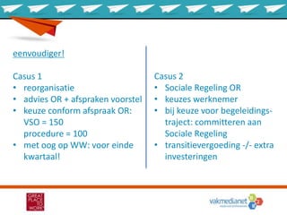 eenvoudiger!
Casus 1
• reorganisatie
• advies OR + afspraken voorstel
• keuze conform afspraak OR:
VSO = 150
procedure = 100
• met oog op WW: voor einde
kwartaal!
Casus 2
• Sociale Regeling OR
• keuzes werknemer
• bij keuze voor begeleidings-
traject: committeren aan
Sociale Regeling
• transitievergoeding -/- extra
investeringen
 