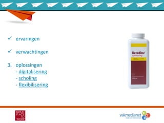  ervaringen
 verwachtingen
3. oplossingen
- digitalisering
- scholing
- flexibilisering
 