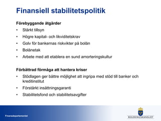 Finansiell stabilitetspolitik
Förebyggande åtgärder
•

Stärkt tillsyn

•

Högre kapital- och likviditetskrav

•

Golv för bankernas riskvikter på bolån

•

Bolånetak

•

Arbete med att etablera en sund amorteringskultur

Förbättrad förmåga att hantera kriser
•

Stödlagen ger bättre möjlighet att ingripa med stöd till banker och
kreditinstitut

•

Förstärkt insättningsgaranti

•

Stabilitetsfond och stabilitetsavgifter

Finansdepartementet

 