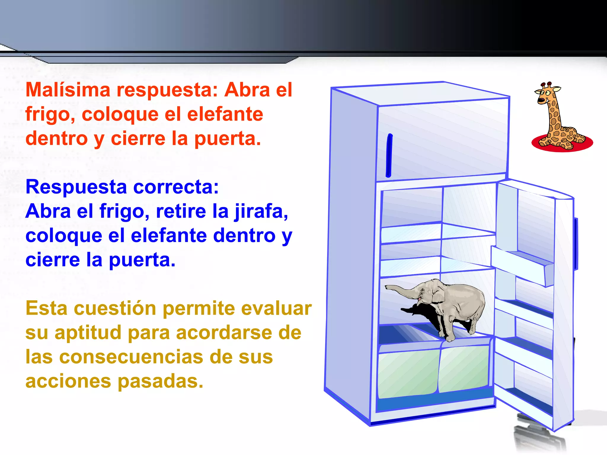 Malísima respuesta: Abra el frigo, coloque el elefante dentro y cierre la puerta.   Respuesta correcta:  Abra el frigo, retire la jirafa, coloque el elefante dentro y cierre la puerta. Esta cuestión permite evaluar su aptitud para acordarse de las consecuencias de sus acciones pasadas. 