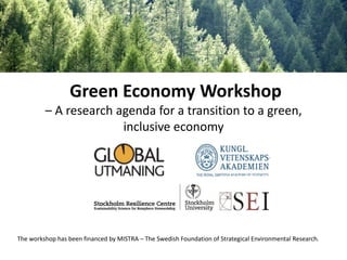 Green Economy Workshop
– A research agenda for a transition to a green,
inclusive economy

The workshop has been financed by MISTRA – The Swedish Foundation of Strategical Environmental Research.

 
