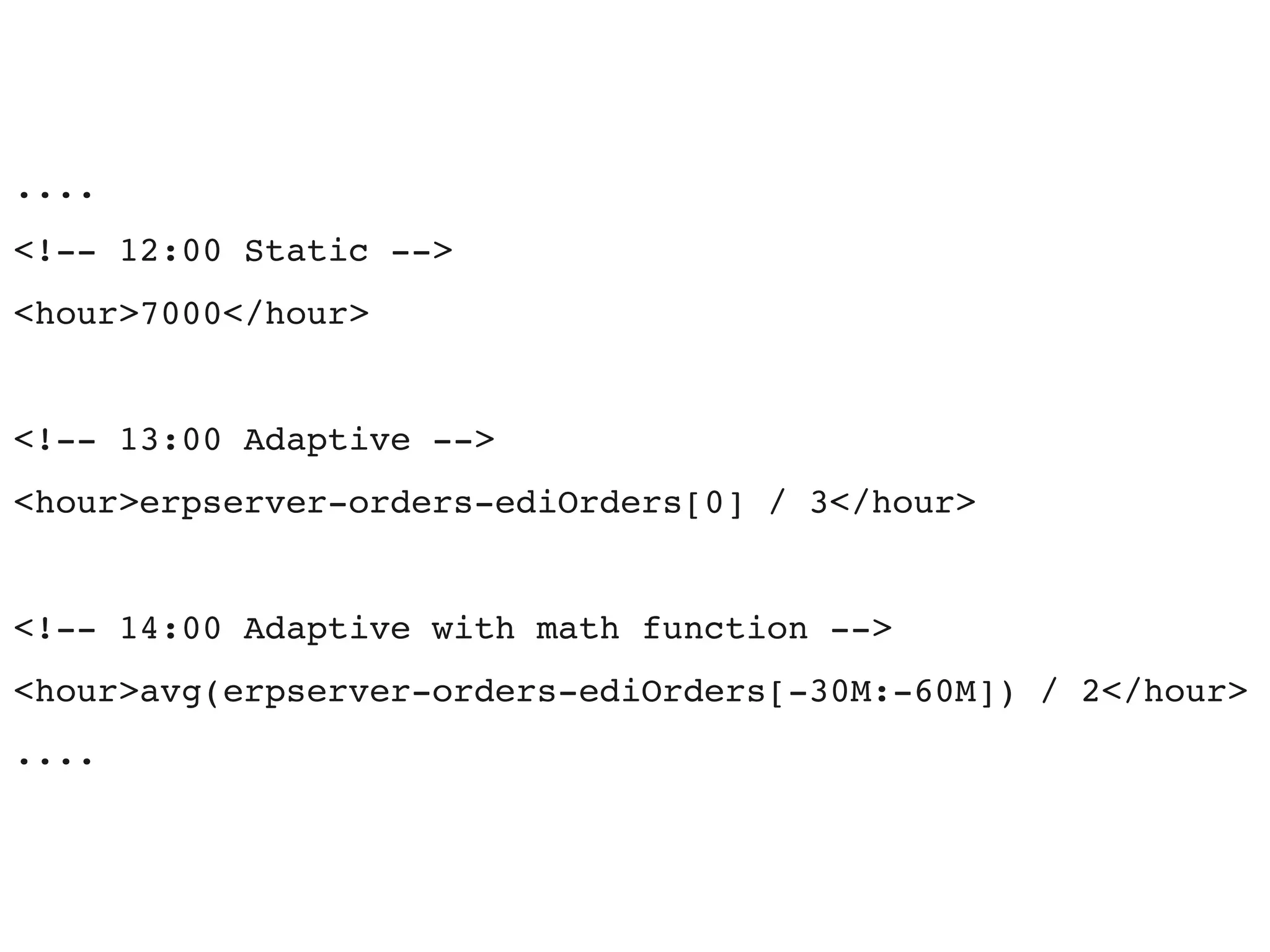 ....
<!­­ 12:00 Static ­­>
<hour>7000</hour>


<!­­ 13:00 Adaptive ­­>     
<hour>erpserver­orders­ediOrders[0] / 3</hour>


<!­­ 14:00 Adaptive with math function ­­>
<hour>avg(erpserver­orders­ediOrders[­30M:­60M]) / 2</hour>
....
 