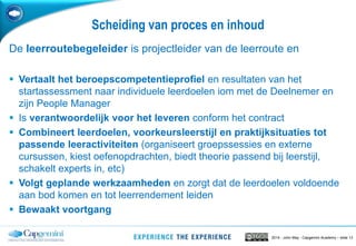 2014 - John May - Capgemini Academy – slide 13
Scheiding van proces en inhoud
De leerroutebegeleider is projectleider van de leerroute en
 Vertaalt het beroepscompetentieprofiel en resultaten van het
startassessment naar individuele leerdoelen iom met de Deelnemer en
zijn People Manager
 Is verantwoordelijk voor het leveren conform het contract
 Combineert leerdoelen, voorkeursleerstijl en praktijksituaties tot
passende leeractiviteiten (organiseert groepssessies en externe
cursussen, kiest oefenopdrachten, biedt theorie passend bij leerstijl,
schakelt experts in, etc)
 Volgt geplande werkzaamheden en zorgt dat de leerdoelen voldoende
aan bod komen en tot leerrendement leiden
 Bewaakt voortgang
 