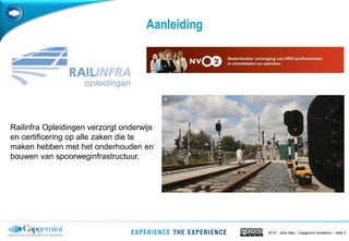 2014 - John May - Capgemini Academy – slide 2
Aanleiding
Railinfra Opleidingen verzorgt onderwijs
en certificering op alle zaken die te
maken hebben met het onderhouden en
bouwen van spoorweginfrastructuur.
 
