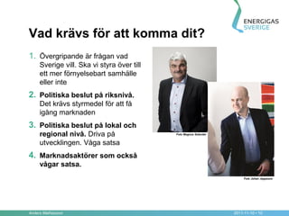 Vad krävs för att komma dit?
1. Övergripande är frågan vad
     Sverige vill. Ska vi styra över till
     ett mer förnyelsebart samhälle
     eller inte
2. Politiska beslut på riksnivå.
     Det krävs styrmedel för att få
     igång marknaden
3. Politiska beslut på lokal och
     regional nivå. Driva på                Foto Magnus Selander


     utvecklingen. Våga satsa
4. Marknadsaktörer som också
     vågar satsa.
                                                                        Foto Johan Jeppsson




Anders Mathiasson                                                  2011-11-10 • 10
 