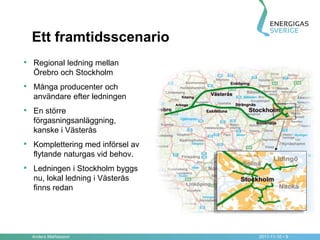 Ett framtidsscenario
• Regional ledning mellan
  Örebro och Stockholm
• Många producenter och
  användare efter ledningen
• En större
  förgasningsanläggning,
  kanske i Västerås
• Komplettering med införsel av
  flytande naturgas vid behov.
• Ledningen i Stockholm byggs
  nu, lokal ledning i Västerås
  finns redan




  Anders Mathiasson               2011-11-10 • 9
 