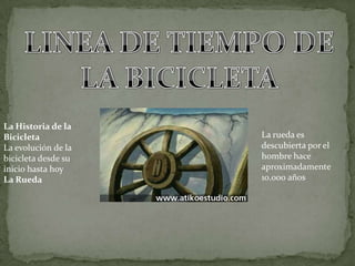 LINEA DE TIEMPO DE LA BICICLETA La Historia de la Bicicleta La evolución de la bicicleta desde su inicio hasta hoy La Rueda La rueda es descubierta por el hombre hace aproximadamente 10.000 años  