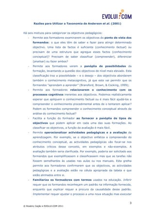 Razões para Utilizar a Taxonomia de Anderson et al. (2001)


Há seis motivos para categorizar os objectivos pedagógicos:
   -   Permite aos formadores examinarem os objectivos do ponto de vista dos
       formandos: o que eles têm de saber e fazer para atingir determinado
       objectivo. Uma lista de factos é suficiente (conhecimento factual) ou
       precisam de uma estrutura que agregue esses factos (conhecimento
       conceptual)? Precisam de saber classificar (compreender), diferenciar
       (analisar) ou fazer ambos?
   -   Permite aos formadores verem a panóplia de possibilidades da
       formação, levantando a questão dos objectivos de nível mais elevado. Esta
       classificação traz a possibilidade – e o desejo – dos objectivos abordarem
       também o conhecimento metacognitivo, já que este vai permitir que os
       formandos "aprendam a aprender’’ (Bransford, Brown, & Cocking, 1999);
   -   Permite    aos   formadores   relacionarem     o   conhecimento   com   os
       processos cognitivos inerentes aos objectivos. Podemos realisticamente
       esperar que apliquem o conhecimento factual ou é mais fácil ajudá-los a
       compreender o conhecimento procedimental antes de o tentarem aplicar?
       Podem os formandos compreender o conhecimento conceptual através da
       análise do conhecimento factual?
   -   Facilita a função do formador ao fornecer a panóplia de tipos de
       objectivos que podem aplicar em cada uma das suas formações. Ao
       classificar os objectivos, a função da avaliação é mais fácil.
   -   Permite operacionalizar actividades pedagógicas e a avaliação da
       aprendizagem. Por exemplo, se o objectivo enfatiza a compreensão do
       conhecimento conceptual, as actividades pedagógicas vão focar-se nos
       atributos críticos desse conceito, em exemplos e não-exemplos. A
       avaliação também seria clarificada. Por exemplo, poderia ser solicitado aos
       formandos que exemplificassem e classificassem mas que as tarefas não
       fossem semelhantes às usadas nas aulas ou nos manuais. Esta grelha
       permite aos formadores confirmarem que os objectivos, as actividades
       pedagógicas e a avaliação estão na célula apropriada da tabela e que
       estão alinhados entre si.
   -   Familiariza os formadores com termos usados na educação. Inferir
       requer que os formandos reconheçam um padrão na informação fornecida,
       enquanto que explicar requer a procura da causalidade desse padrão.
       Implementar requer ajustar o processo a uma nova situação mas executar


                                                                                3
© Rosário Cação e EVOLUI.COM 2011
 